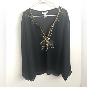 Unique Womens Sheer Mesh Whimsigoth 3XL Black Rhinestone Studded Dark Romantic